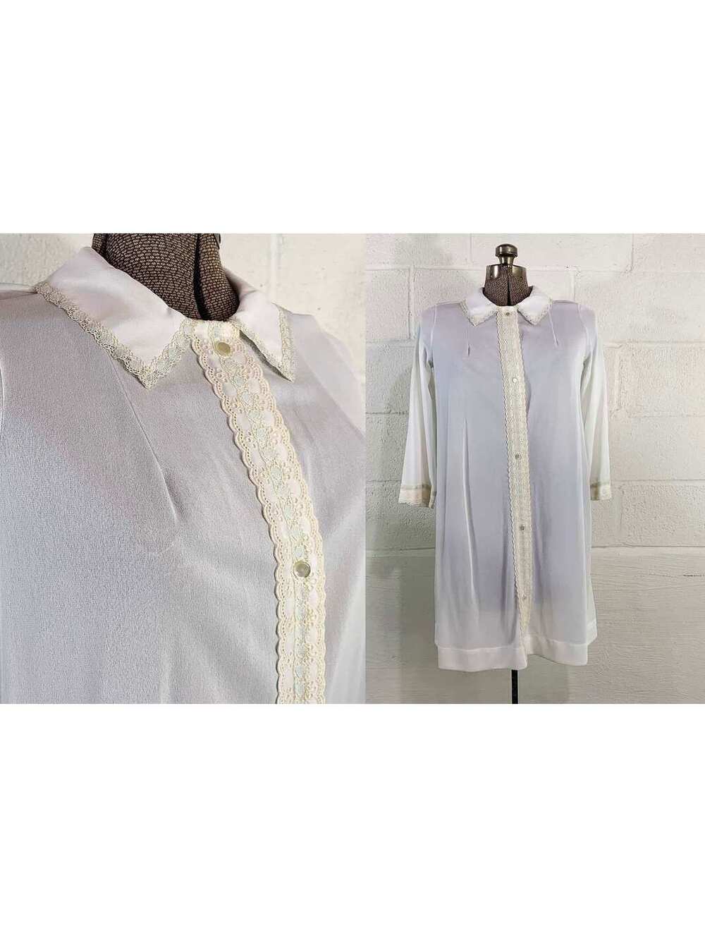 Vintage Nightgown Pajamas White Rose Sleep Shirt Sleepwear Dress 1960s Medium